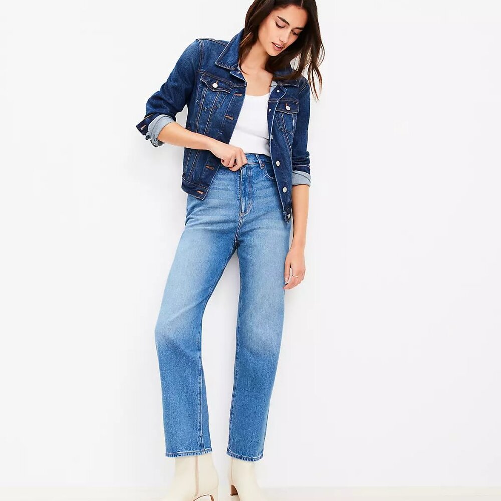 Ann Taylor LOFT Blue Denim High Rise Straight Jeans in Vintage Mid Indigo Wash